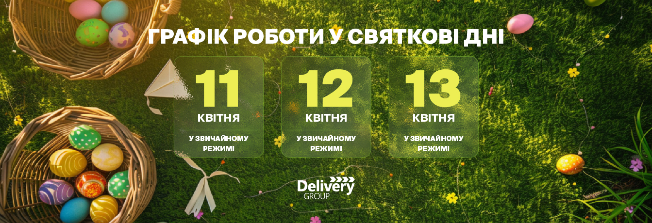 Кошики з великодніми кольоровими писанками на фоні зеленої галявини